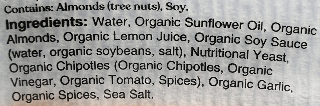 Image of the ingredients for the sauce from the back of the container. 