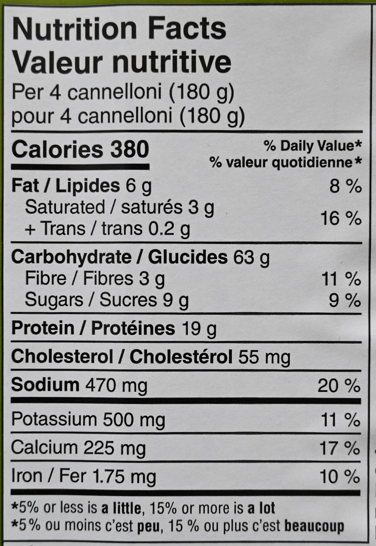 Image of the nutrition facts for the cannelloni from the container.