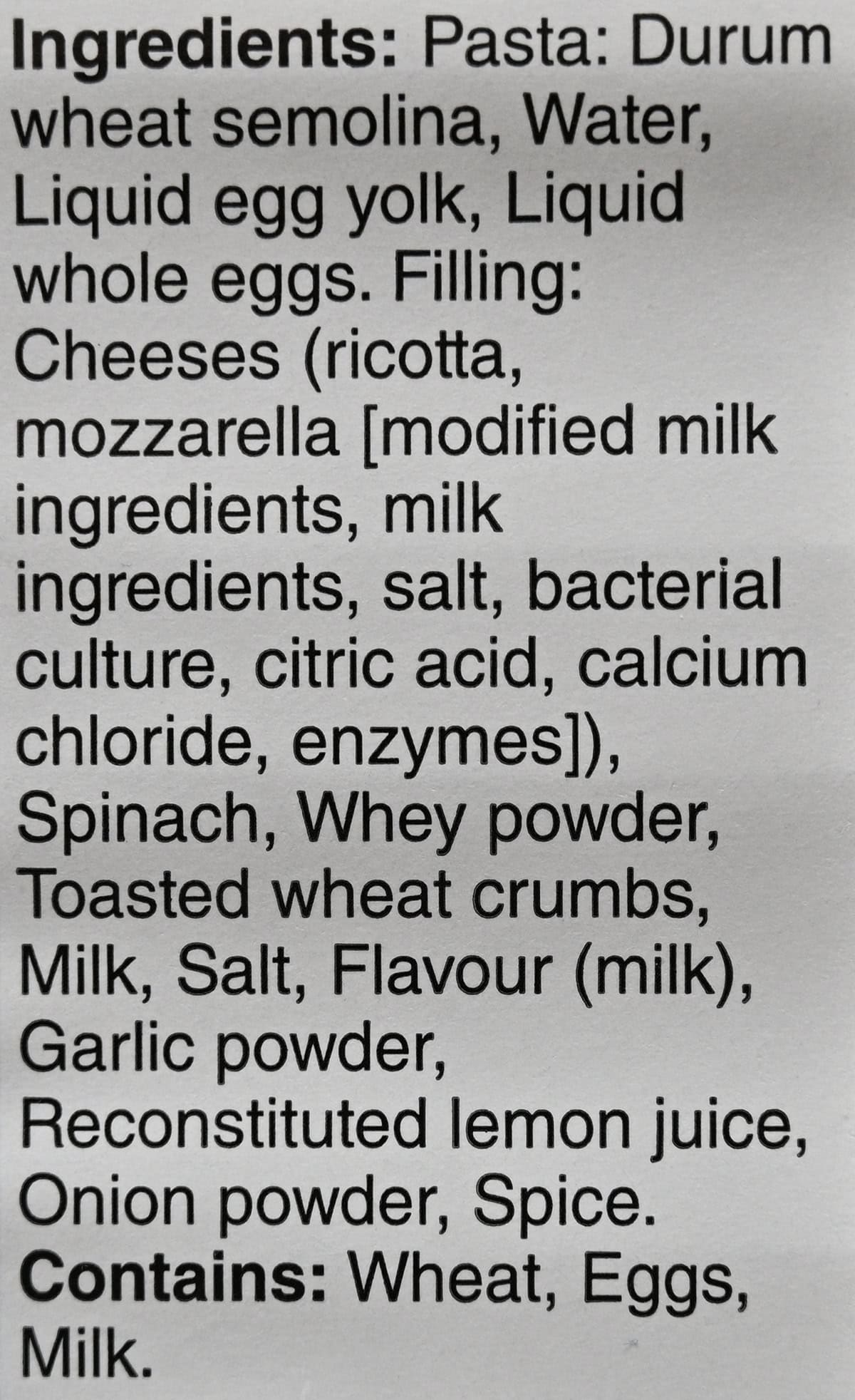 Image of the ingredients for the cannelloni from the container.