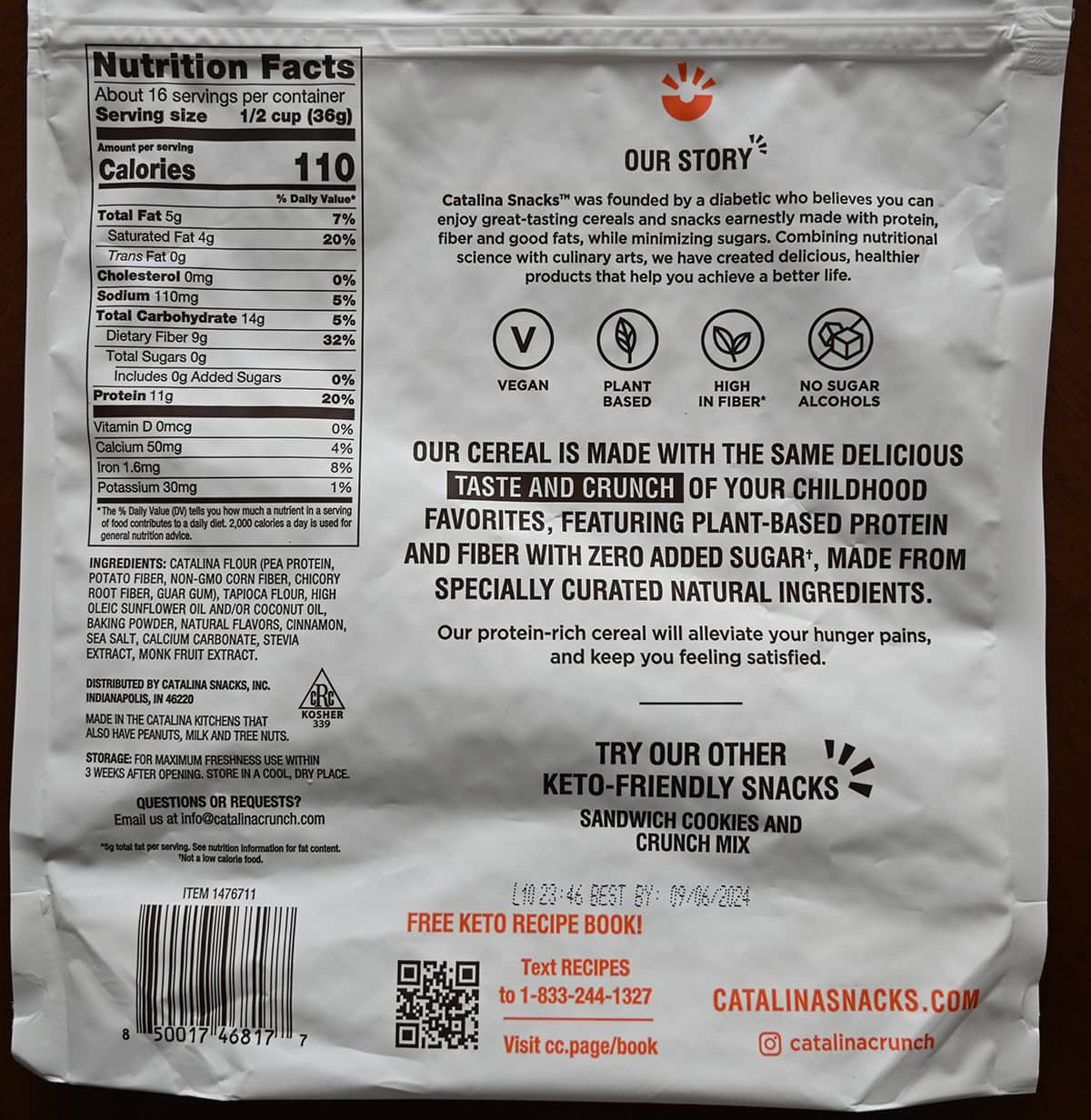 Image of the back of the bag of cereal showing the company description, nutrition facts and ingredients.