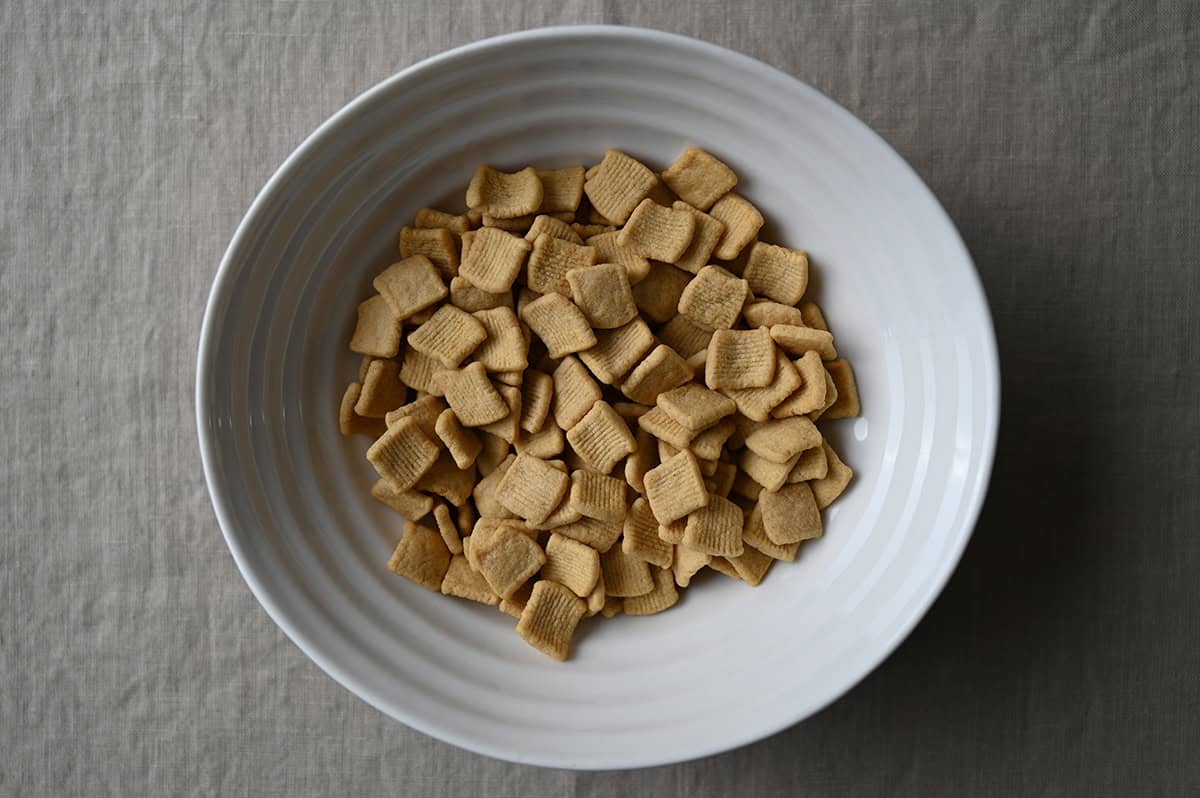 Top down image of a bowl of Catalina Crunch cereal. 