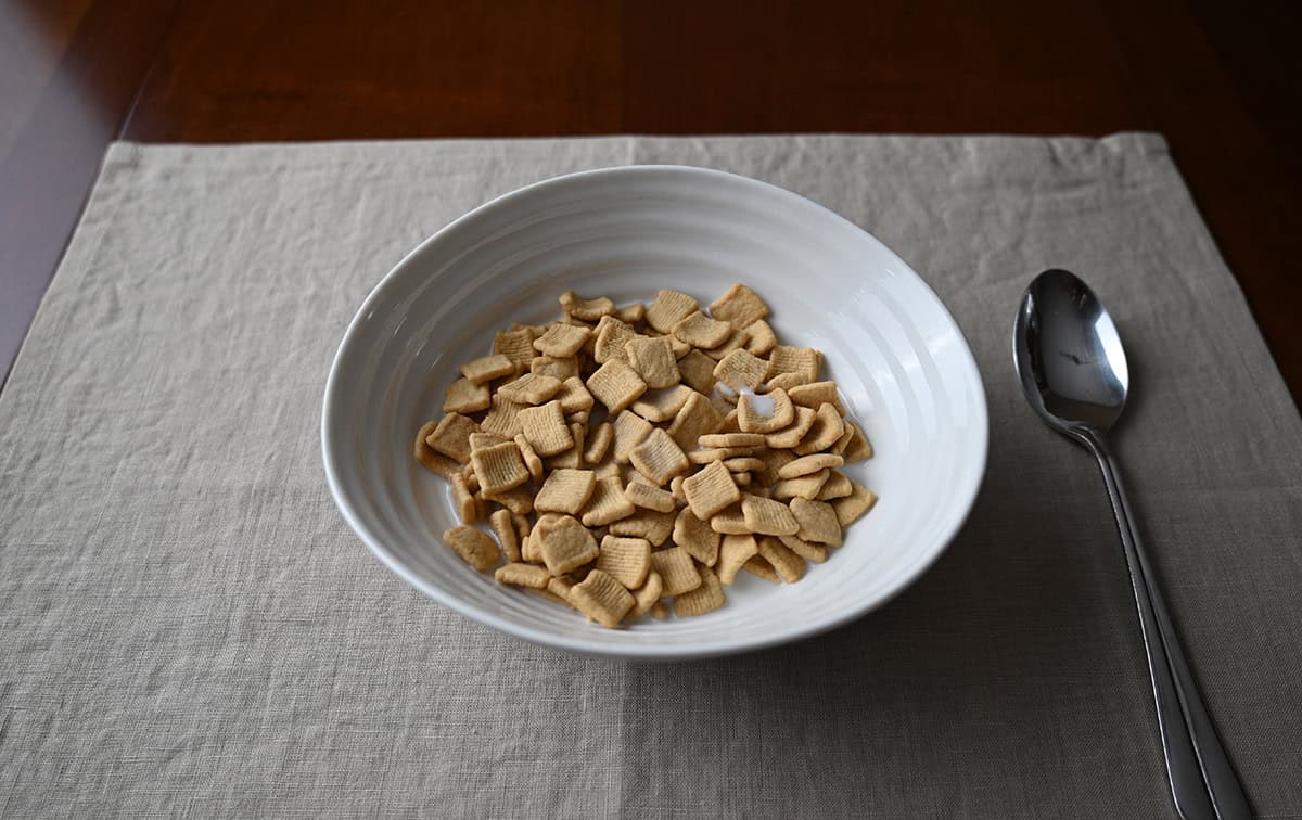 Sideview image of a bowl of cereal with milk in it sitting beside a spoon.