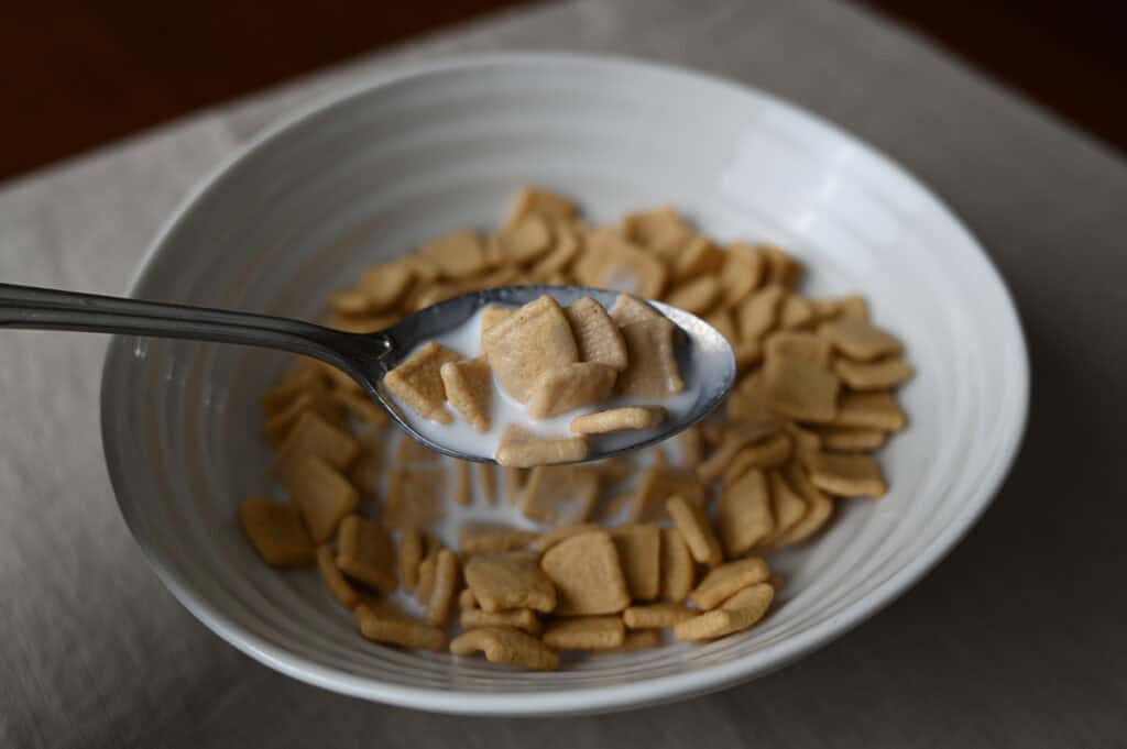 Closeup sideview image of a spoon with cereal and milk on it hovering over a bowl of cereal. 