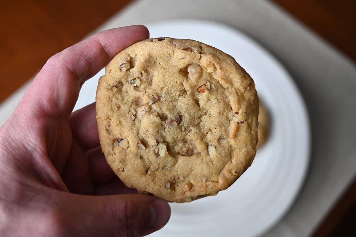 Closeup image of hand holding one maple pecan cookie close to the camera.