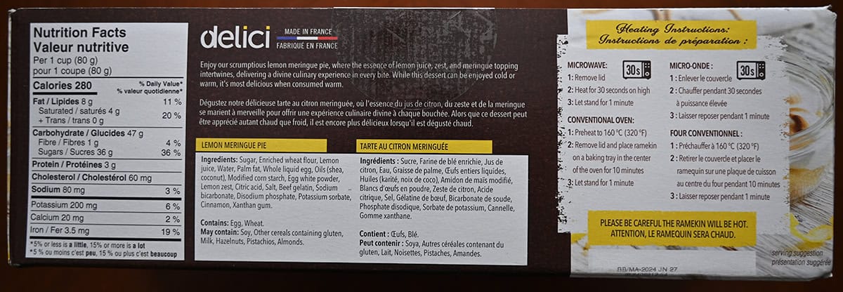 Image of the back of the box of the Delici Lemon Merigue Pies showing nutrition facts, ingredients, heating instructions and product description.