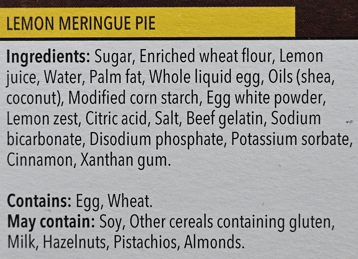 Image of the ingredients list for the Delici Lemon Meringue Pie desserts from the back of the box.