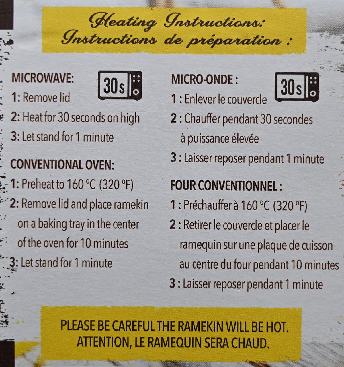 Image of the heating instructions for the pie from the back of the box.