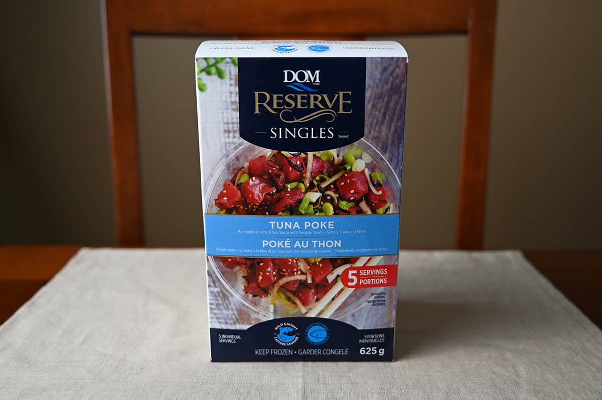 Image of the Costco Dom Reserve Singles Tuna Poke box sitting on a table unopened. 