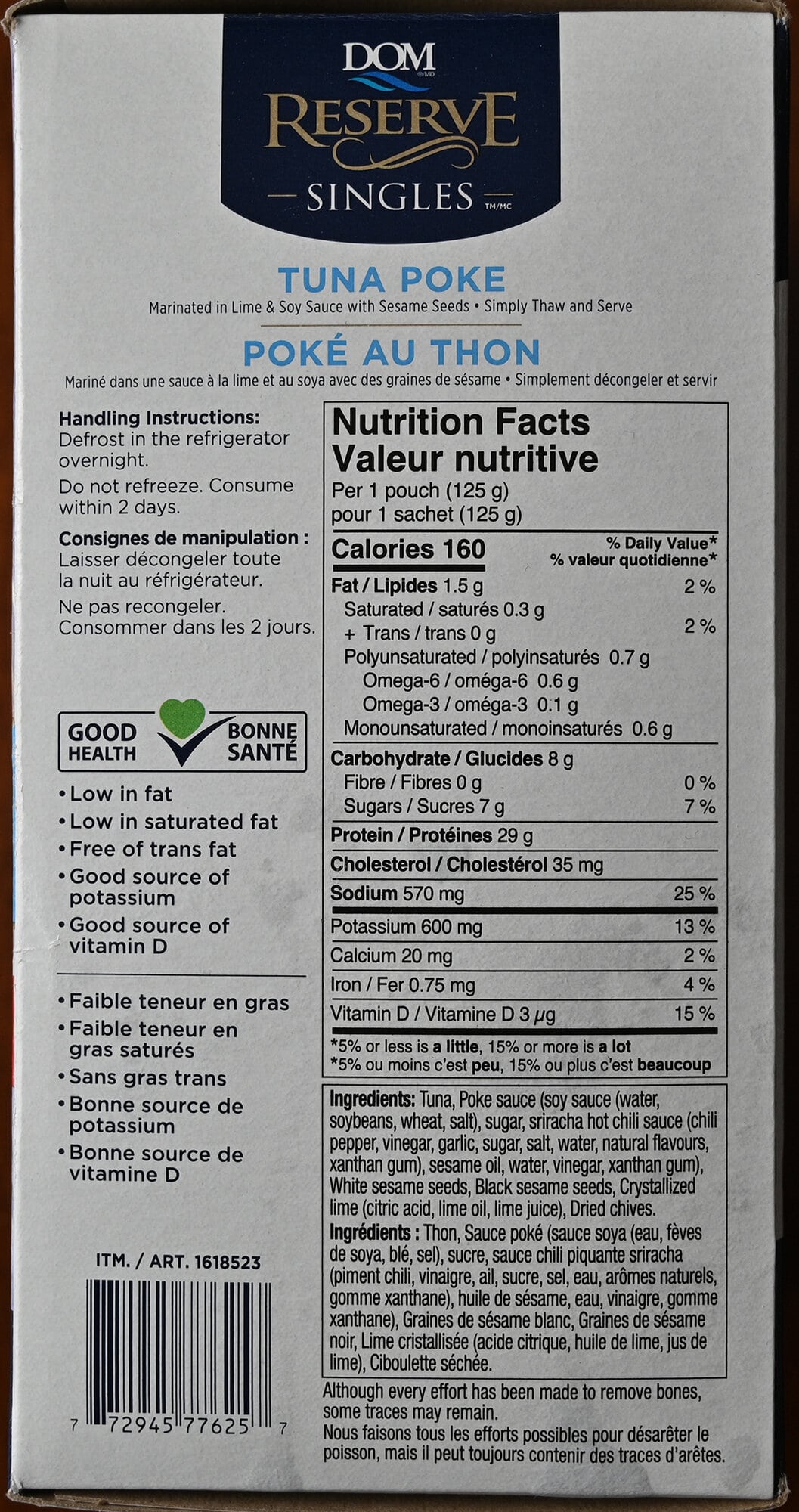 Image of the back of the box of tuna poke showing ingredients, nutrition facts and handling instructions.