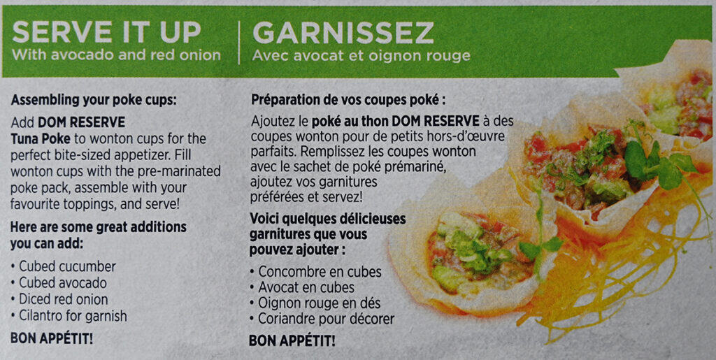 Image of a recipe for tuna poke with avocado and red onion from the back of the box.