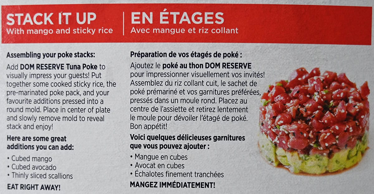 Image of a recipe for tuna poke with mango and sticky rice from the back of the box.