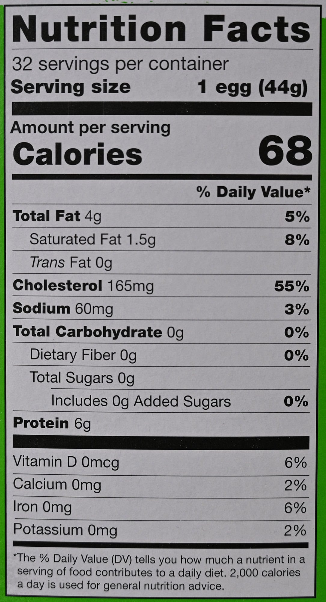 Image of the nutrition facts for the eggs from the back of the package.