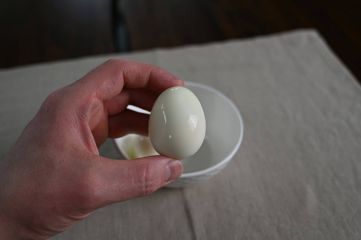 Closeup image of a hand holding one hard boiled egg close to the camera.