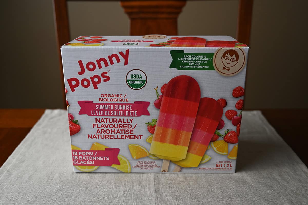 Image of the Costco Jonny Pops box sitting on a table unopened.