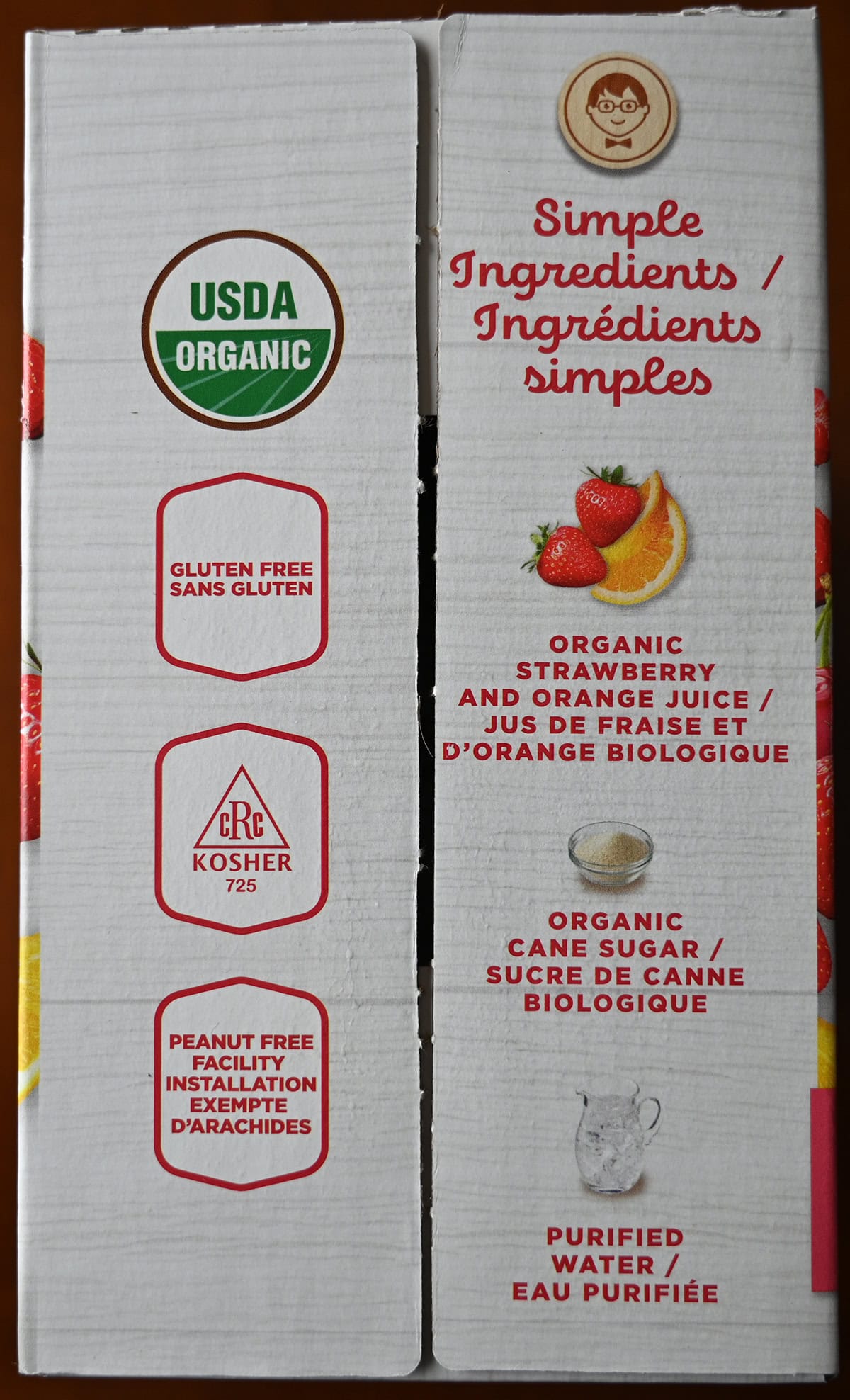 Image of the side of the box of Jonny pops showing they're made in a peanut-free facility, are kosher and gluten-free.