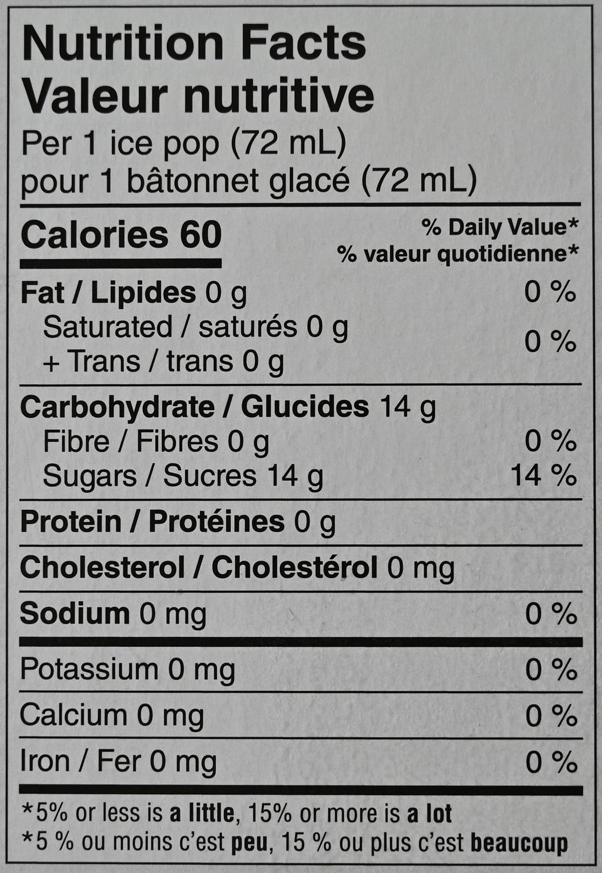 Image of the nutrition facts for the Jonny Pops from the back of the box.