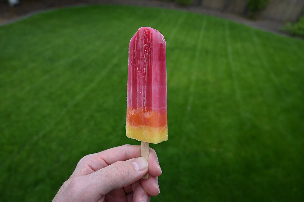 Image of a hand holding one Jonny pop on an angle close to the camera so you can see how thick the popsicle is.