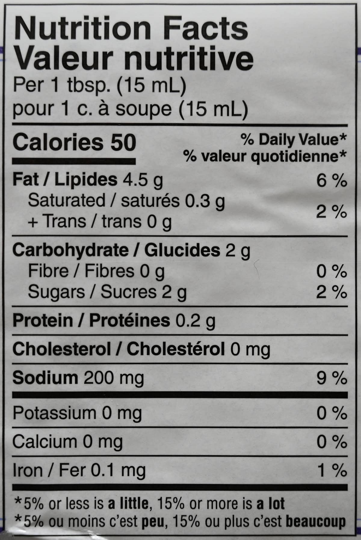 Image of the nutrition facts for the salad from the back of the bottle.