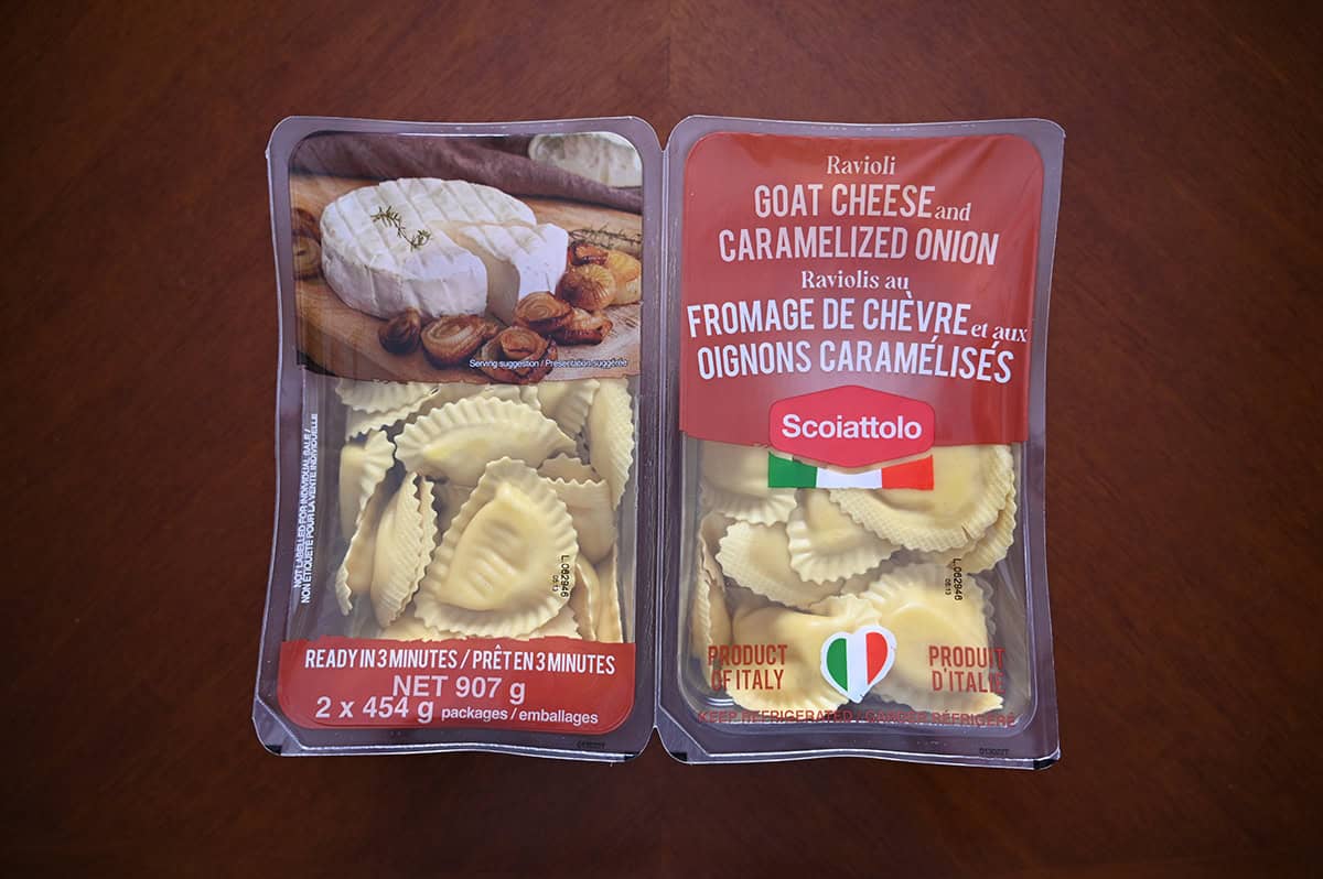 Image of the Costco Scoiattolo Goat Cheese and Caramelized Onion Ravioli package sitting on a table unopened.