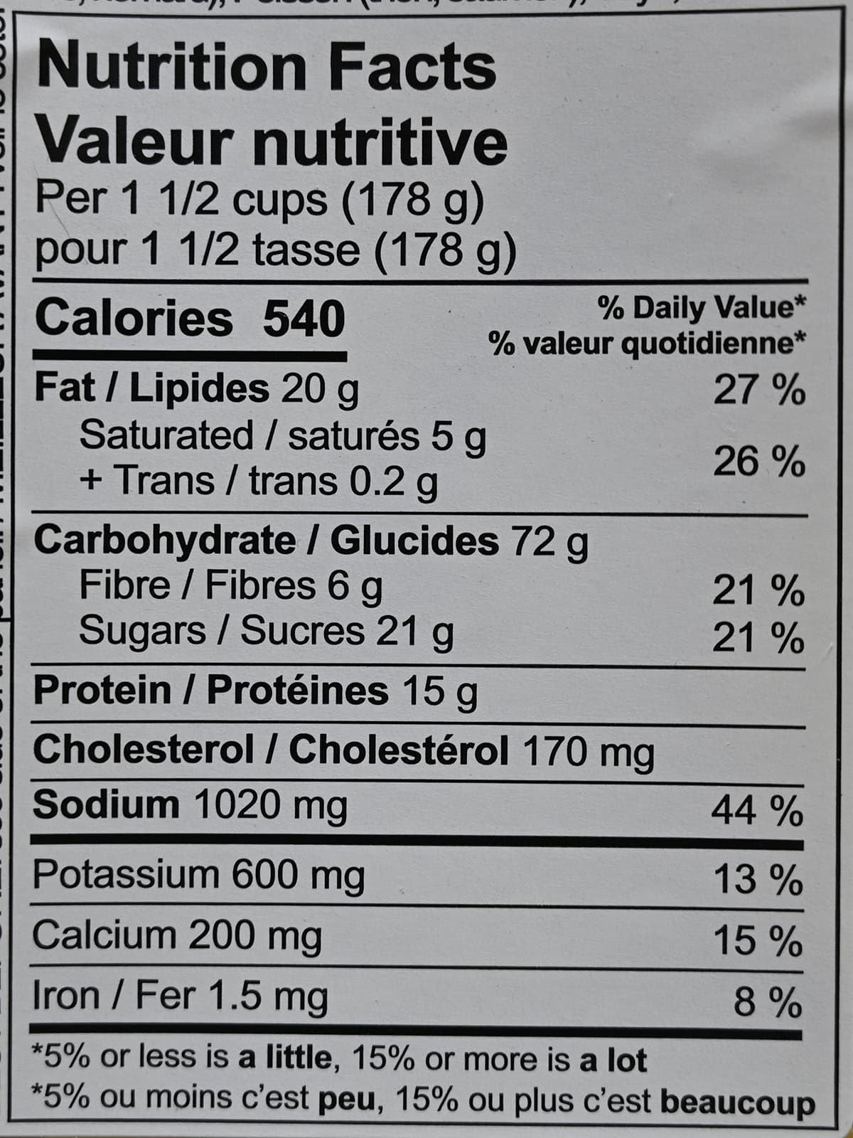 Image of the nutrition facts for the ravioli from the back of the package.