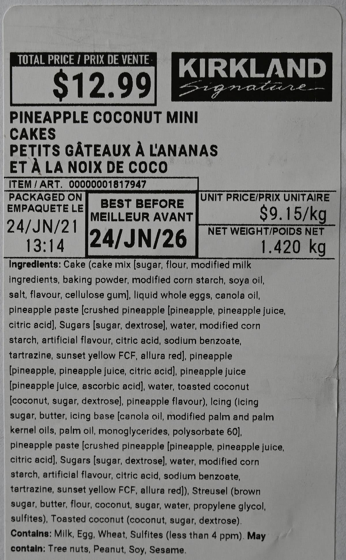 Image of the cost, best before date and ingredients label on the mini cakes.