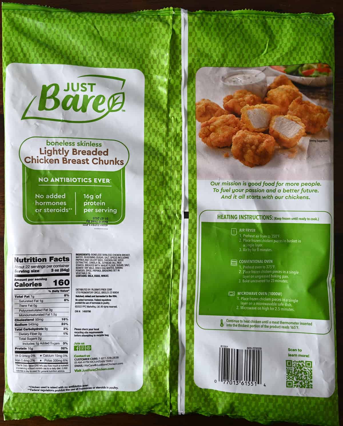 Image of the back of the bag of chicken breast chunks showing the company/product description, nutrition facts and ingredients.