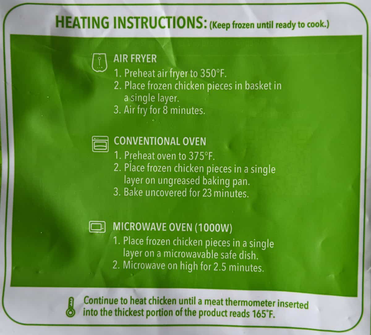 Image of the heating instructions from the back of the bag.