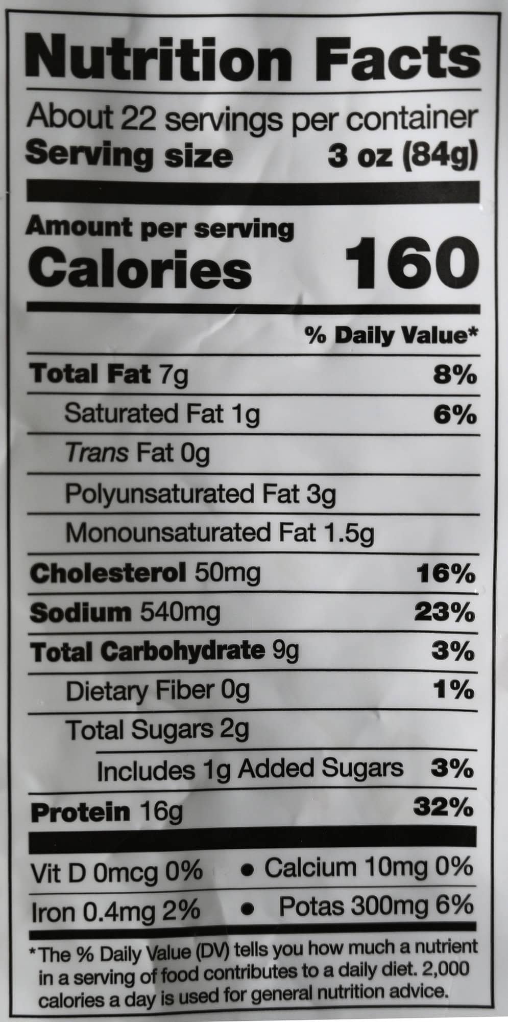 Image of the nutrition facts for the chicken breast chunks from the back of the bag.