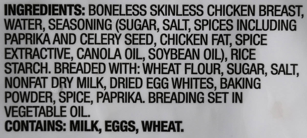 Image of the ingredients list for the chicken breast chunks from the back of the bag.