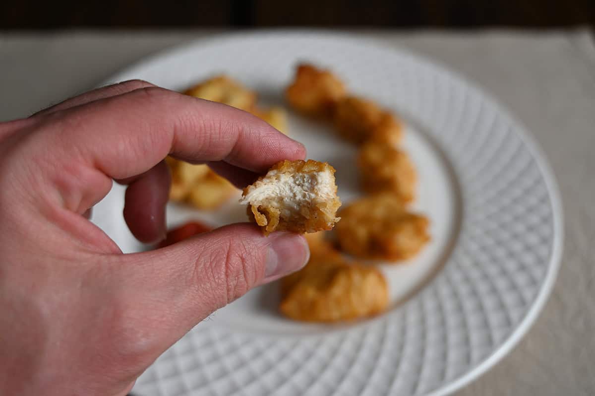 Closeup image of a hand holding a chicken breast chunk with a bite taken out of it so you can see what the chicken looks like. 