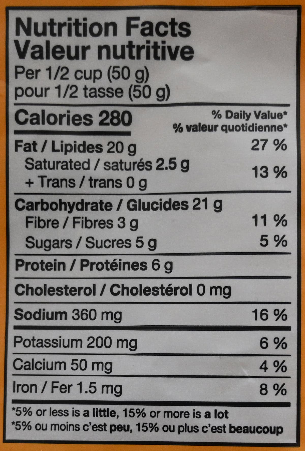 Image of the nutrition facts for the mix from the back of the bag.