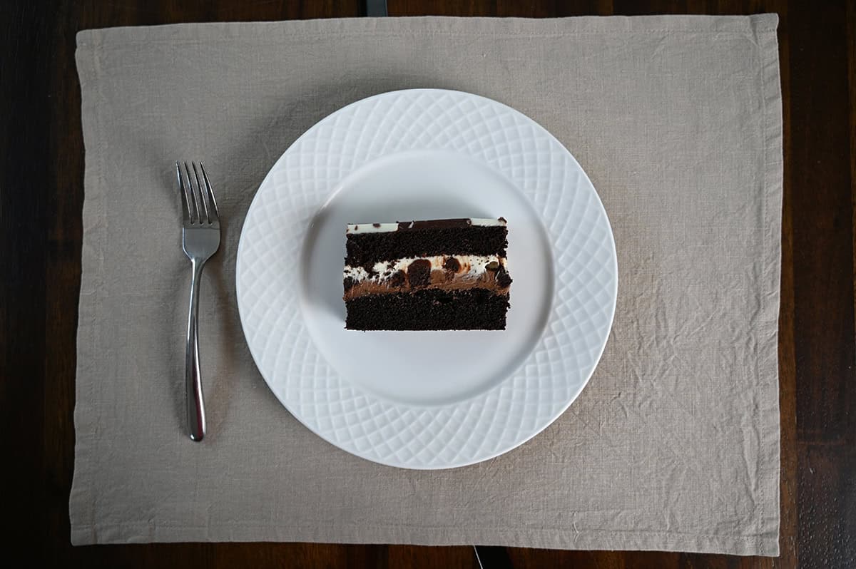 Top down image of one piece of cake served flat down on a plate so you can see all the different layers in one piece.