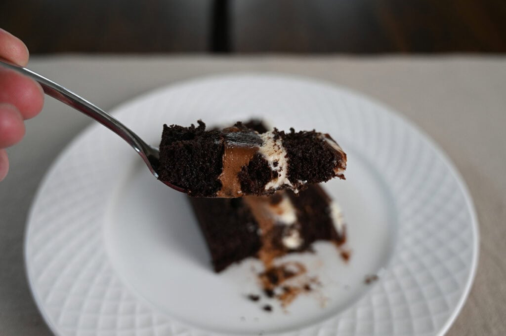 Closeup image of a fork with a bite of cake on it hovering over a plate of cake.