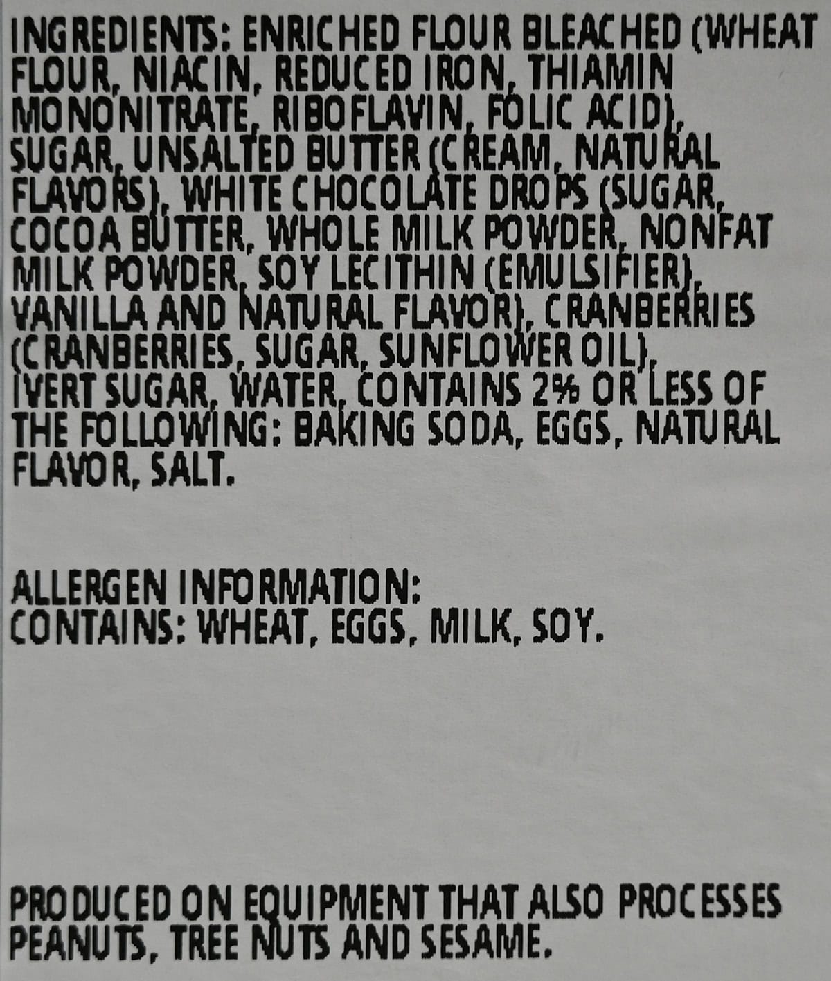 Image of the ingredients for the cookies from the back of the container. 