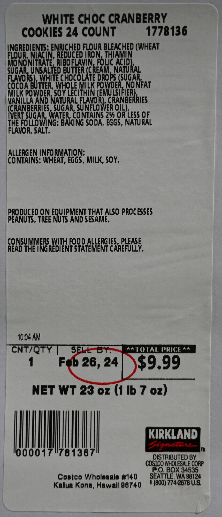 Closeup image of the label for the cookies showing price, ingredients list and best before date.