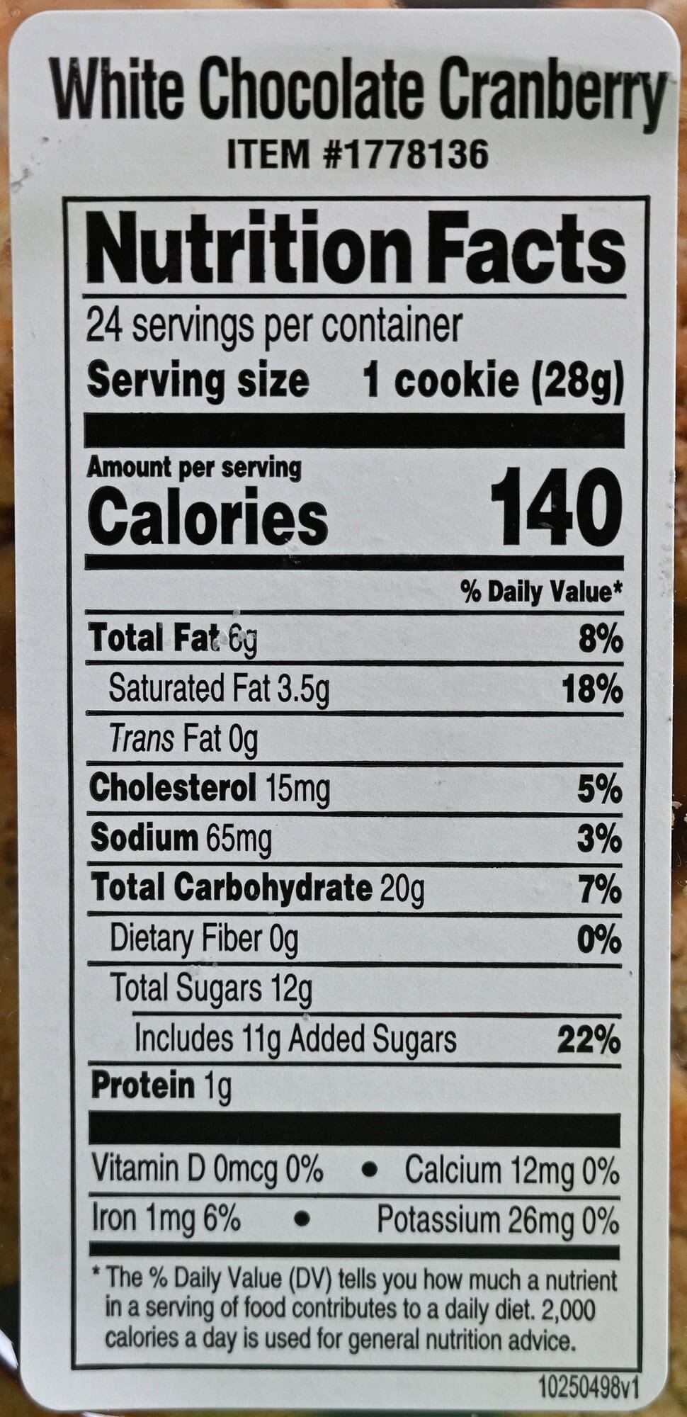 Image of the nutrition facts for the cookies from the back of the container.