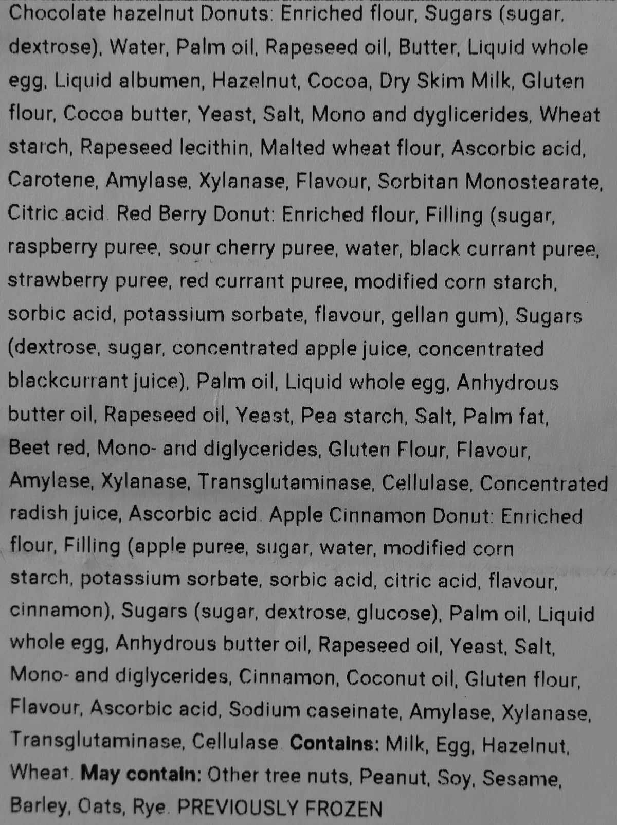 Image of the ingredients list for the donuts from the back of the package.