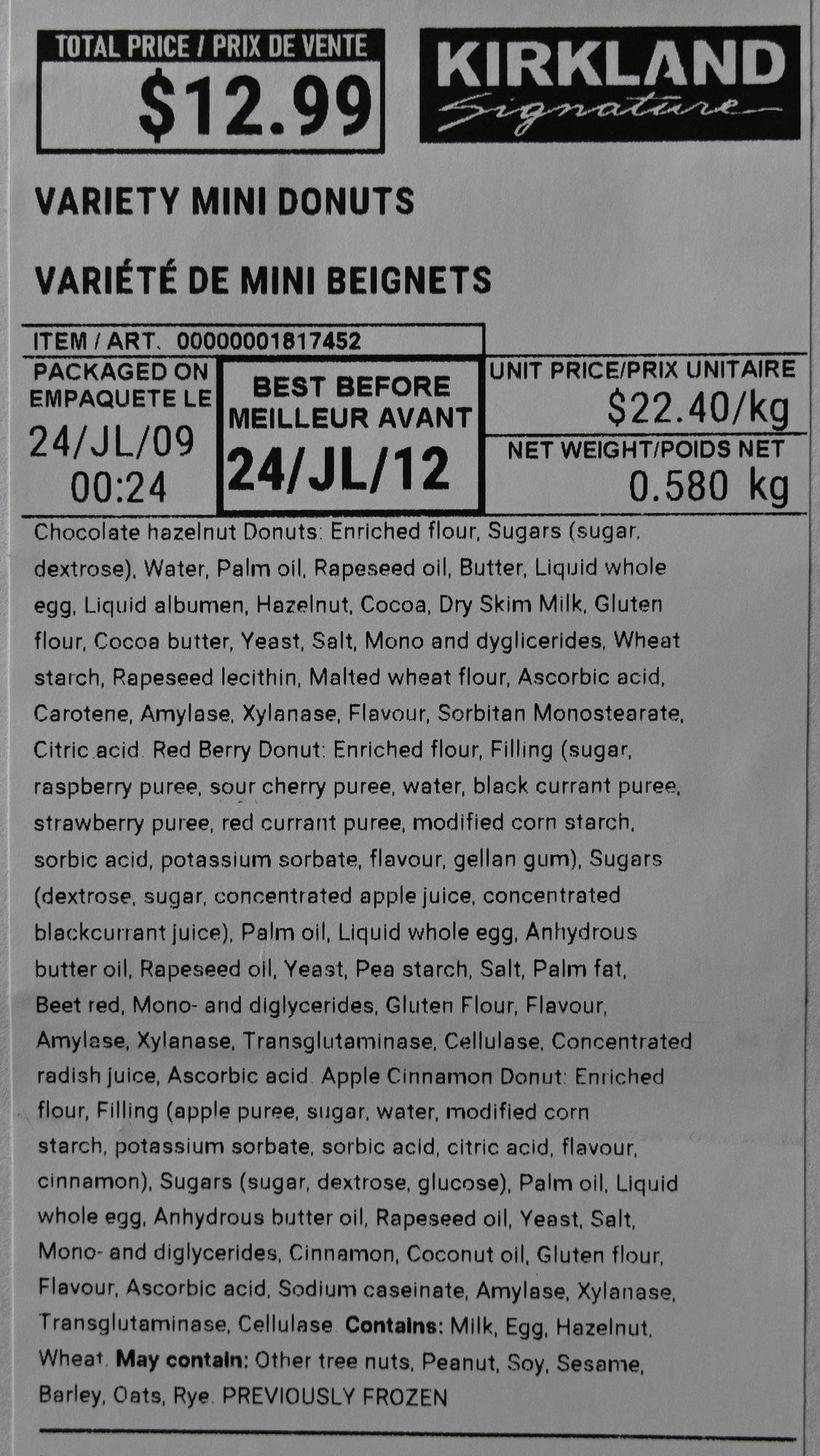 Closeup image of the front label on the mini donuts showing the cost, expiry date and ingredients list.