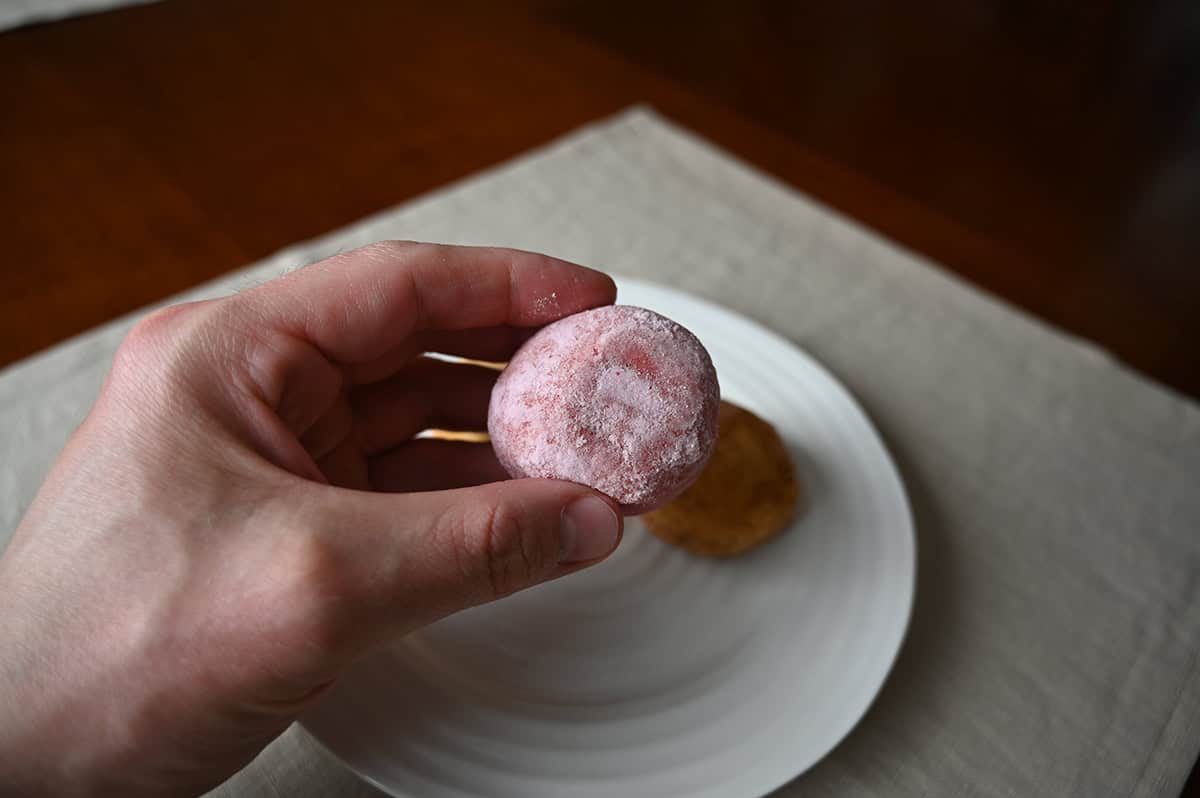 Closeup image of a hand holding one red berry mini donut close to the camera.