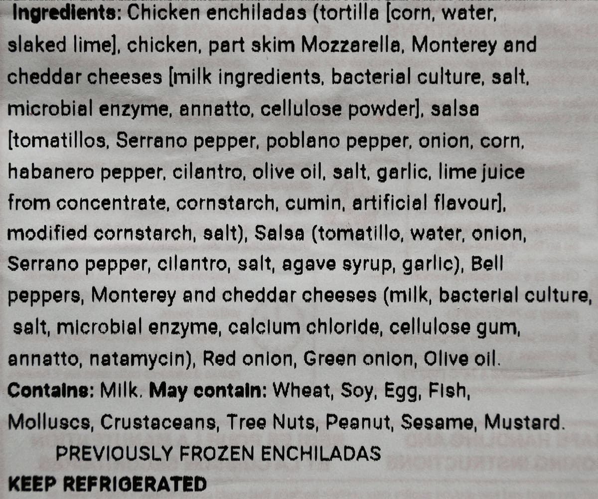 Image of the ingredients list for the enchiladas from the back of the package,