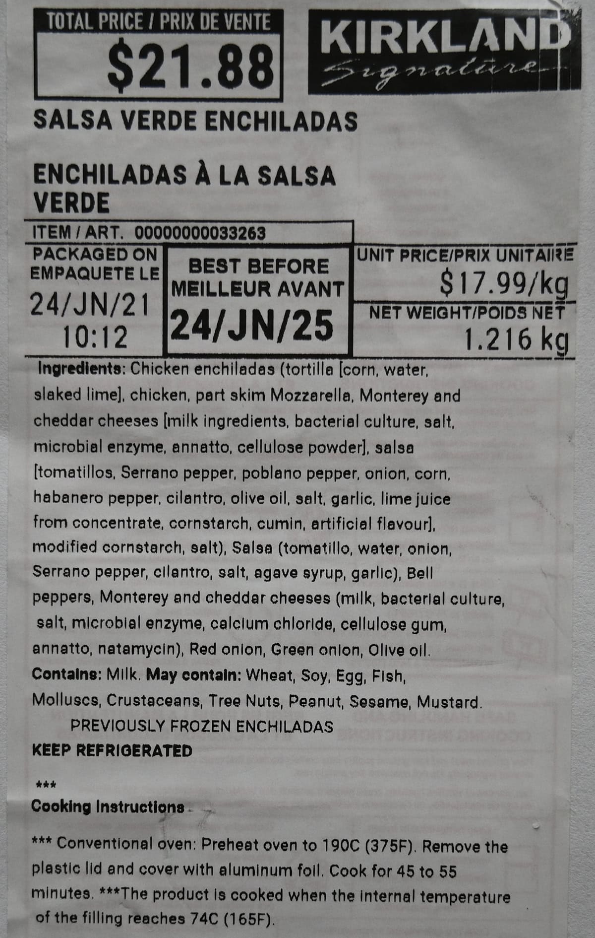 Image of the label from the enchiladas showing cost, cooking instructions, ingredients.