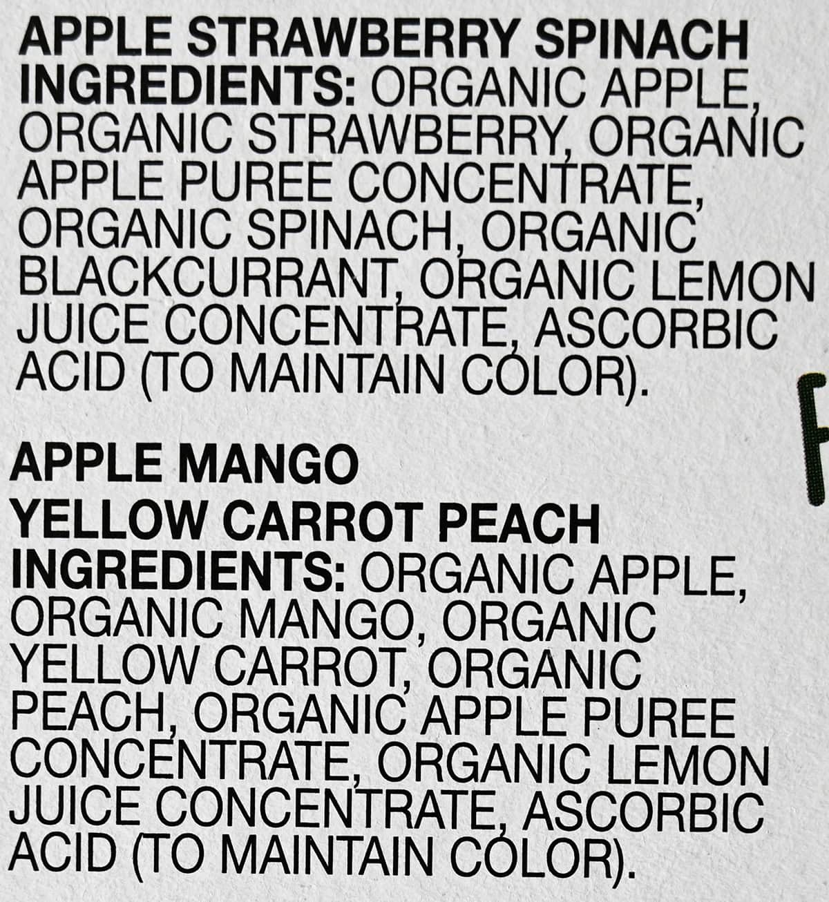 Image of the ingredients list for the pouches from the back of the box.