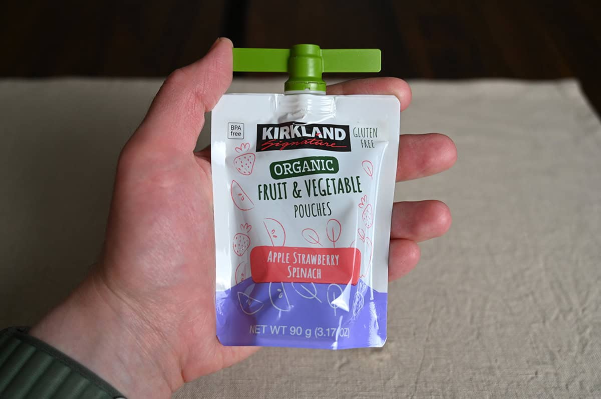 Image of a hand holding one Kirkland Signature  Organic Apple Strawberry Spinach pouch.