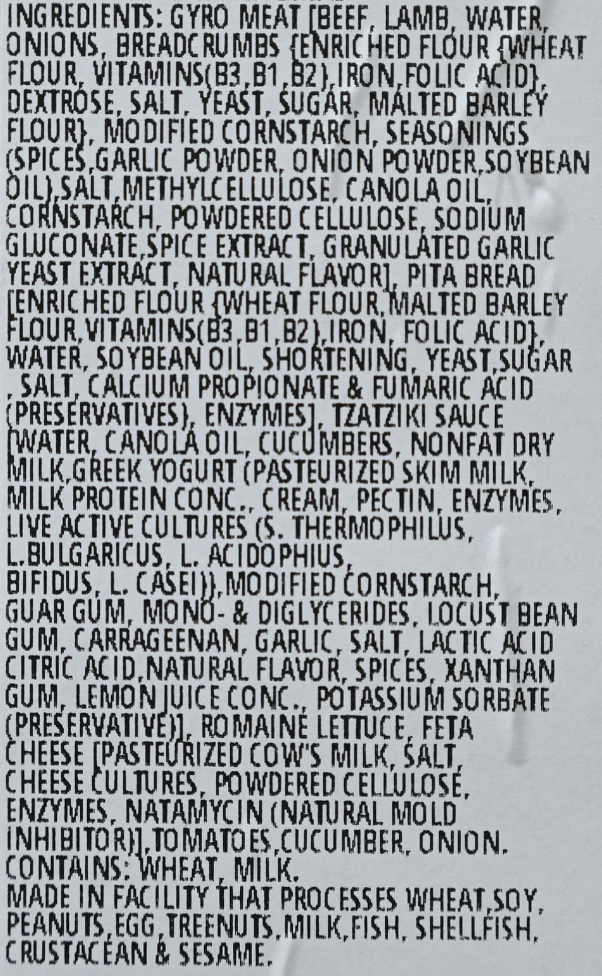 Image of the ingredients label for the Kirkland Signature Gyro Kit. 