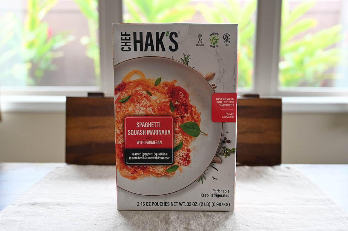 Image of the Costco Chef Hak's Spaghetti Squash Marinara box sitting on a table unopened.