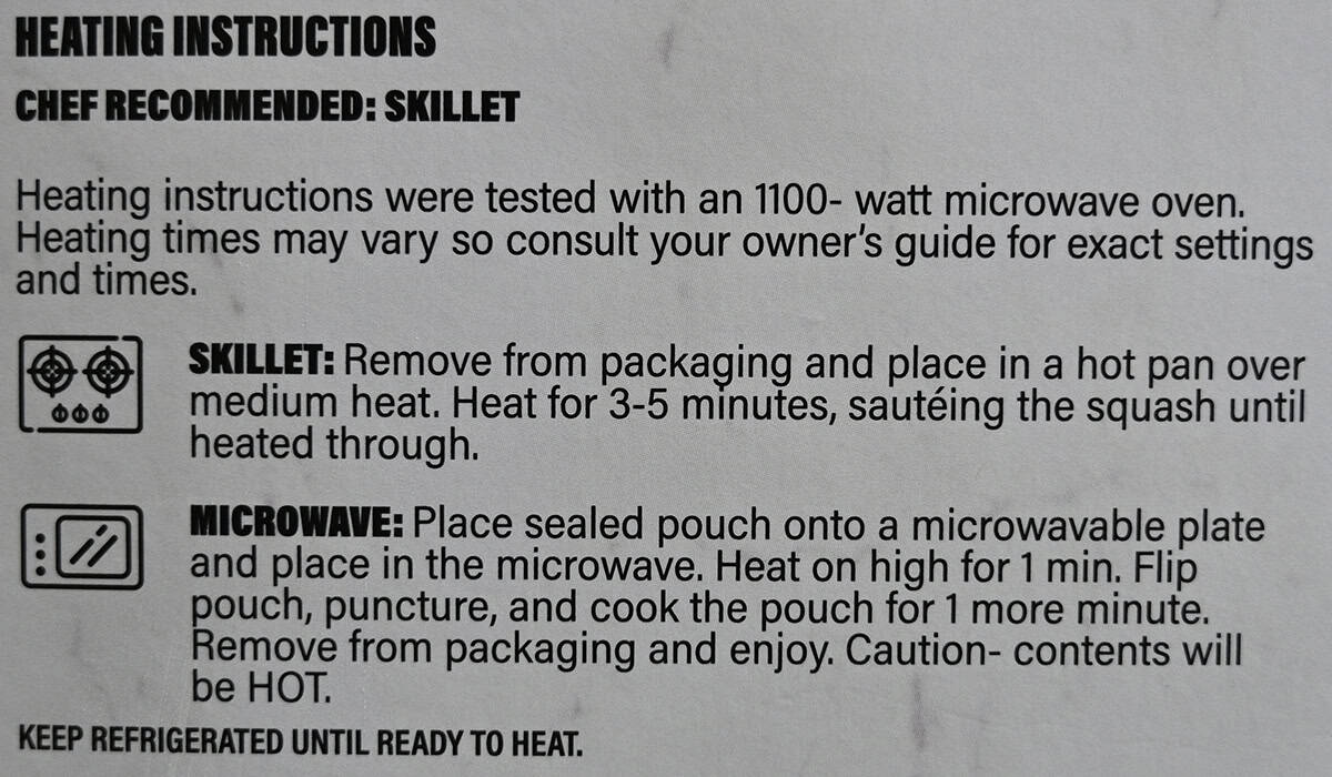 Image of the heating instructions for the spaghetti squash from the back of the box.