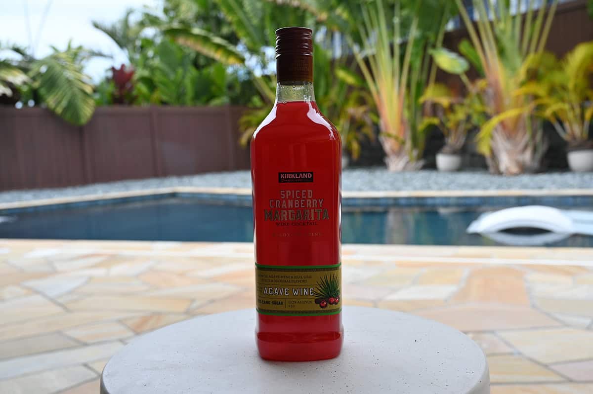 Image of a bottle of spiced cranberry margarita wine cocktail unopened sitting by a pool.