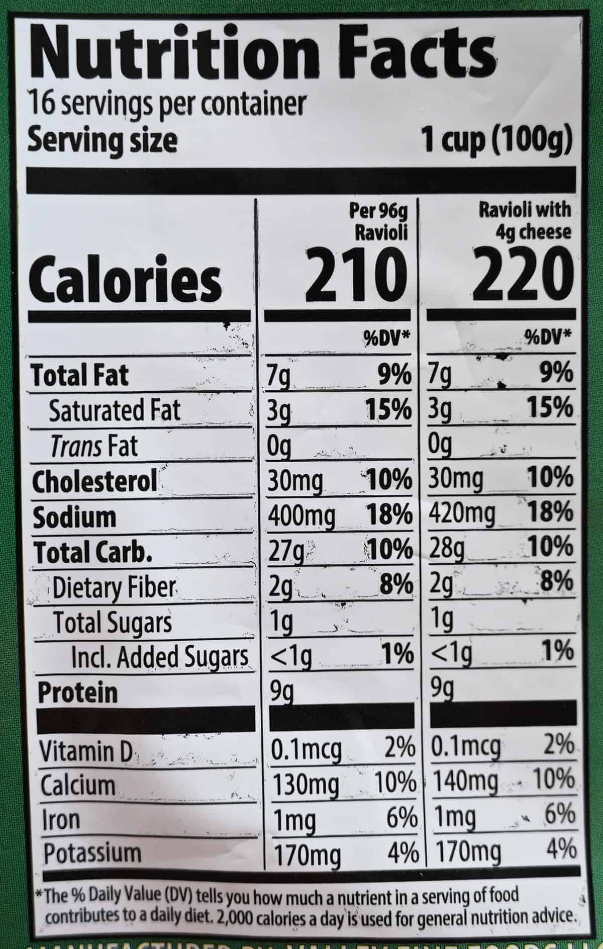 Image of the nutrition facts for the ravioli from the bag.