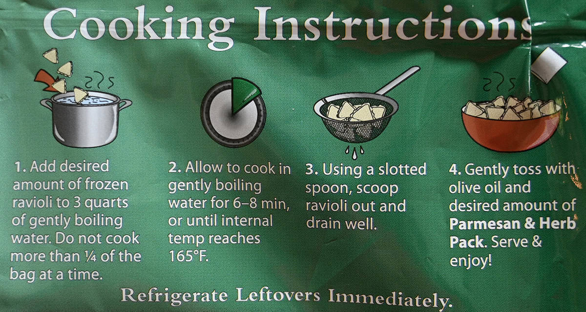 Image of the cooking instructions for the ravioli from the back of the bag.