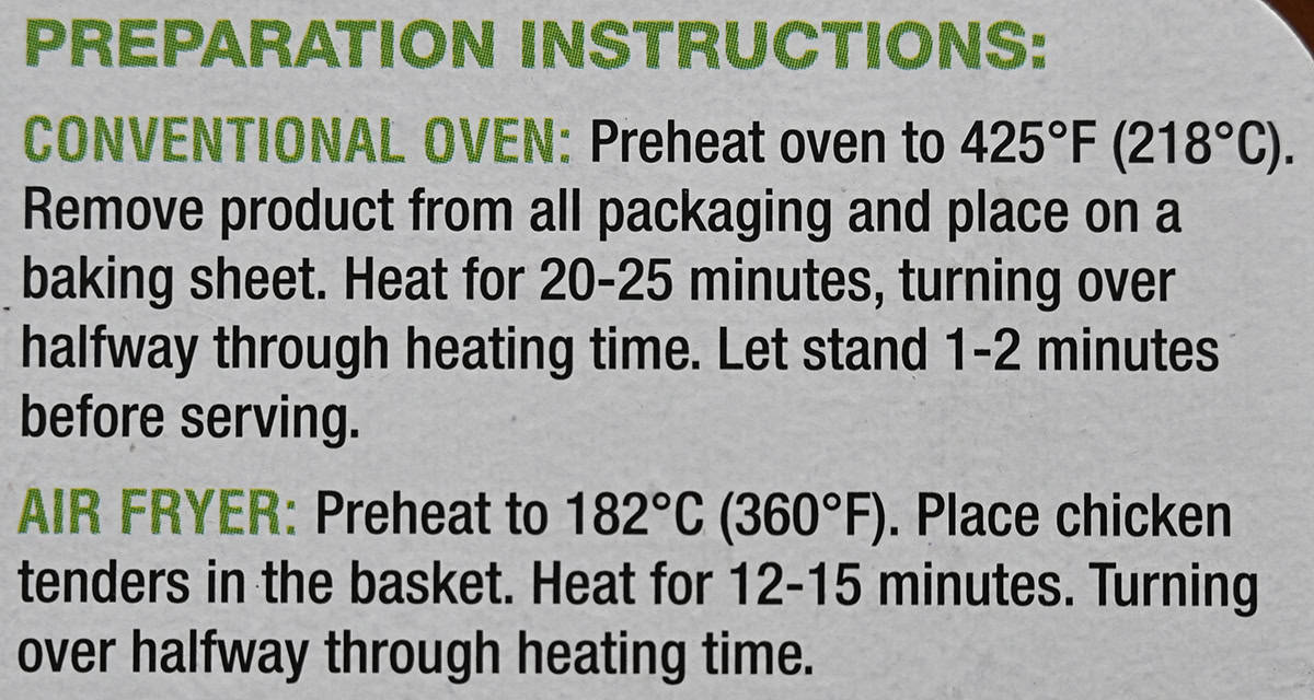 Image of the heating instructions for the chicken tenders from the back of the package.